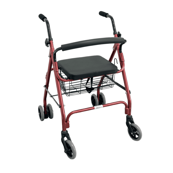 Andador Rollator de aluminio rojo con frenos por presión en empuñaduras