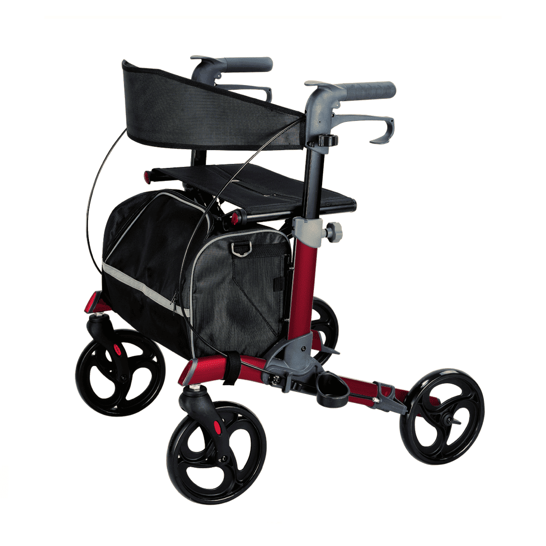Andador Rollator de aluminio rojo plegable con freno, ruedas y asiento regulable