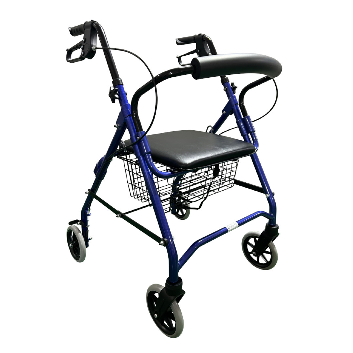 Rollator azul con cuatro ruedas, freno, bloqueo, asiento y cesta para facilitar la movilidad