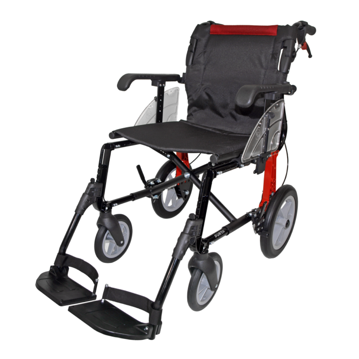 Silla de ruedas roja de traslado con frenos de acompañante