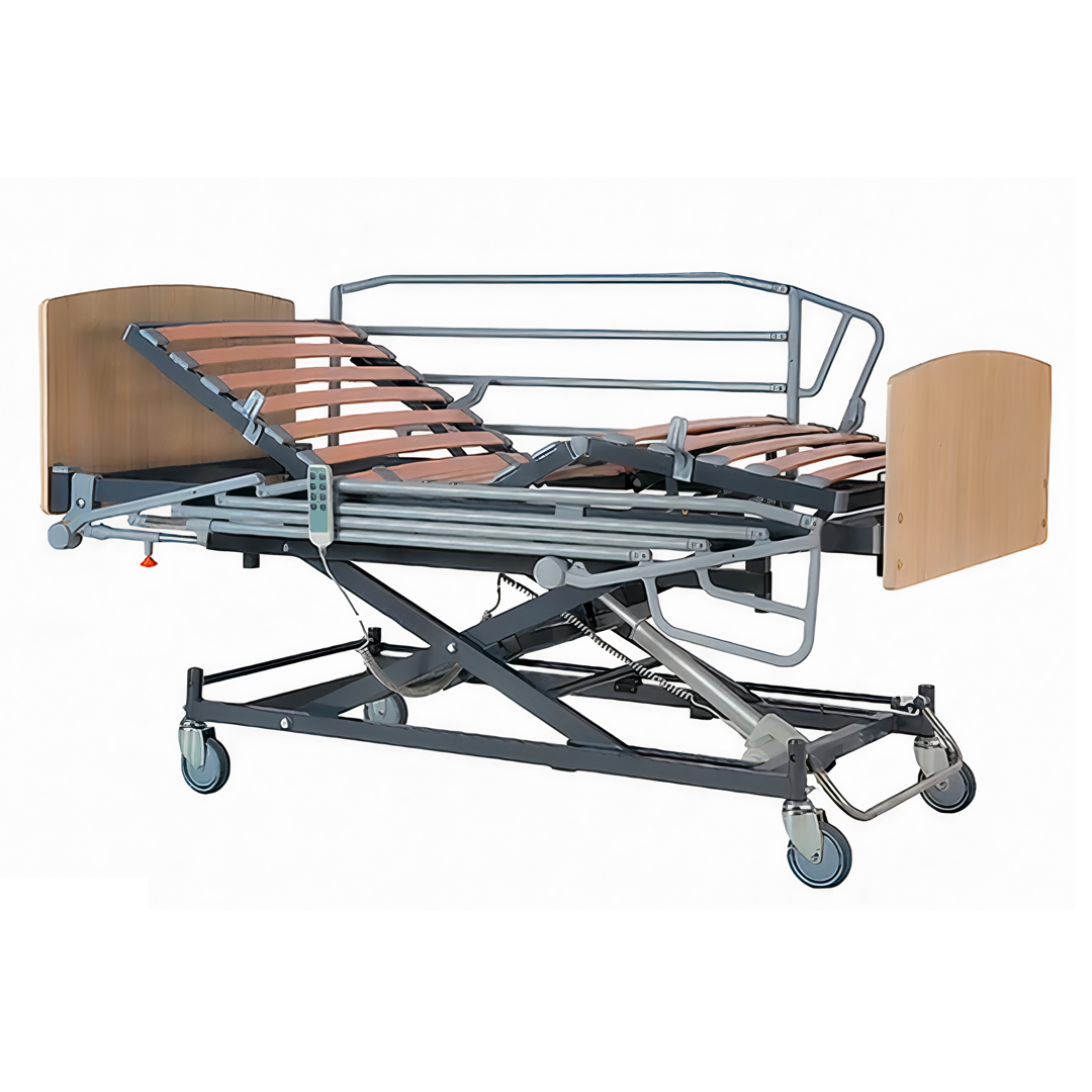Cama articulada sanitaria eléctrica Recom con carro elevador y somier de madera