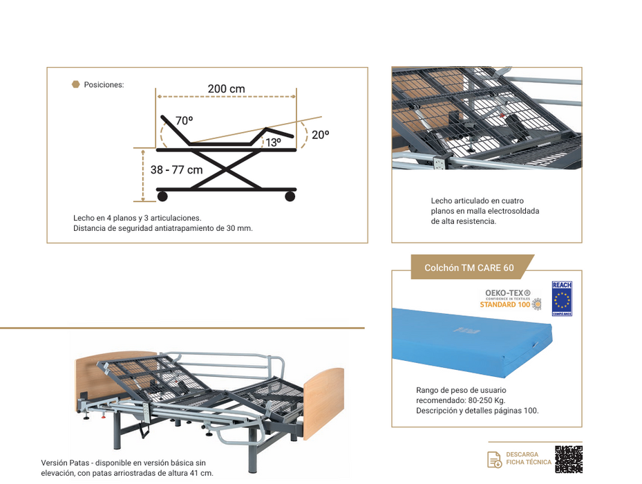 Cama bariátrica articulada eléctrica con patas de 41cm ideal para soportar peso