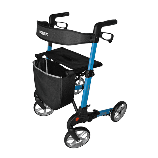 Andador de aluminio ligero con respaldo acolchado, asiento de tela y cesta