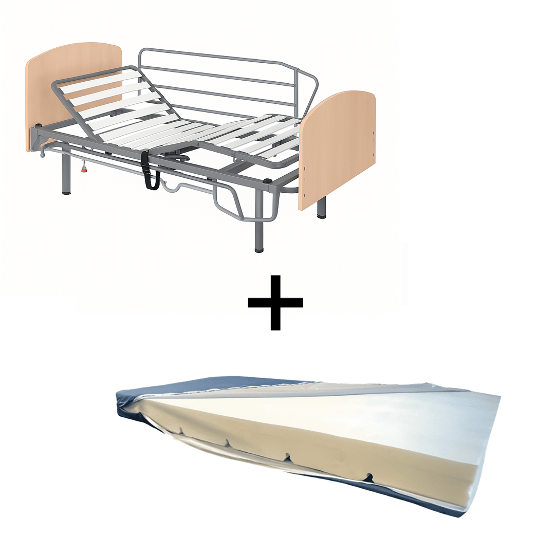 Cama articulada eléctrica de somier 90cm + colchón viscoelástico+ cabecero + piecero + patas niveladoras + barandillas plegables