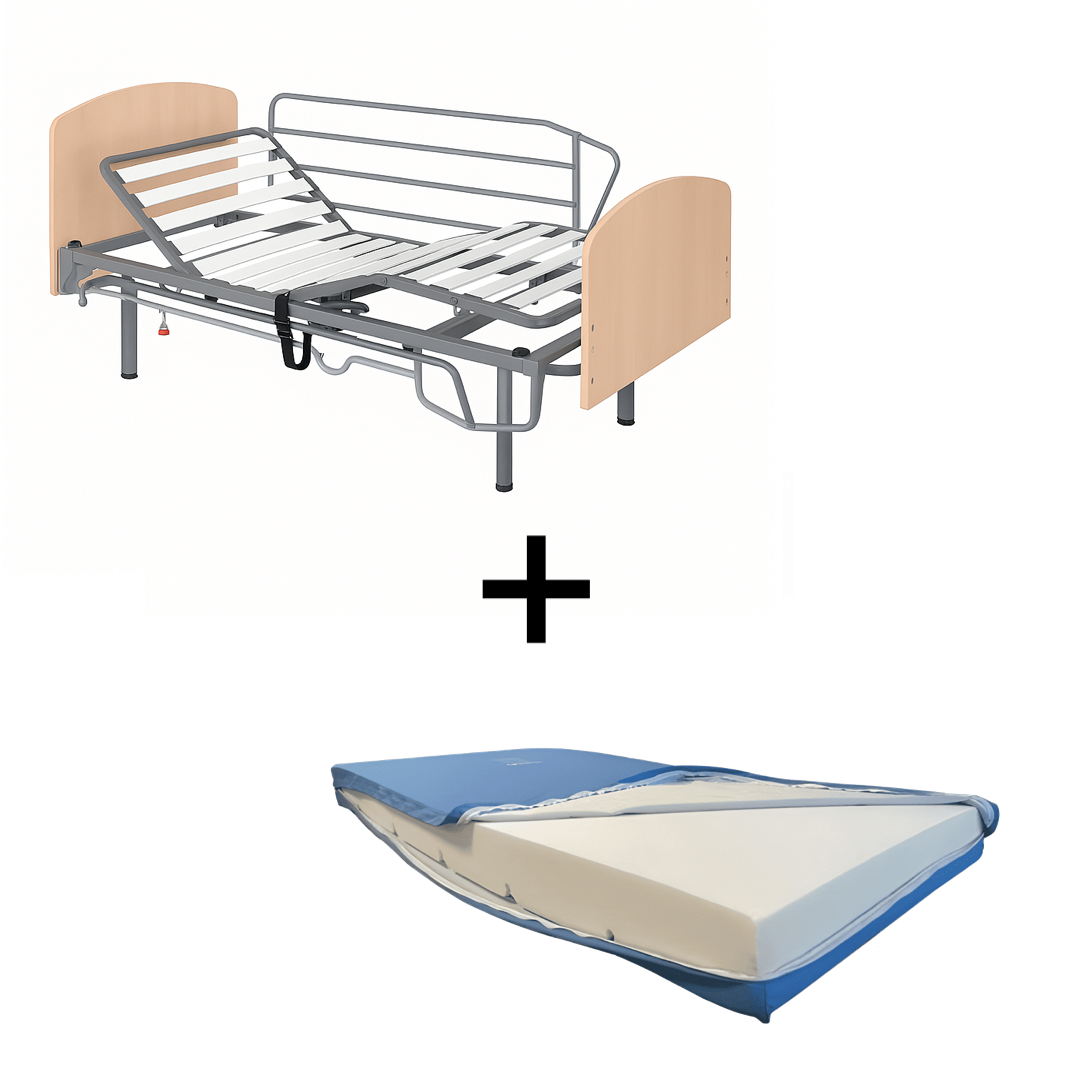 Cama articulada eléctrica de somier 90cm + colchón + cabecero + piecero + patas niveladoras + barandillas