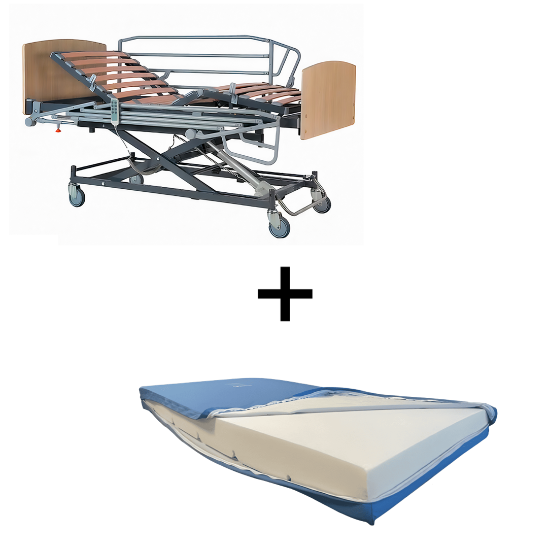 Pack de cama articulada Recom plus eléctrica de somier 105cm + colchón PU + cabecero + piecero + carro elevador + barandillas plegables