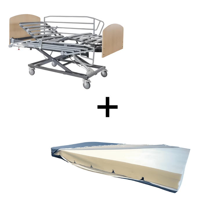 Cama articulada eléctrica de somier 90cm + colchón viscoelástico + cabecero + piecero + carro elevador + barandillas plegables