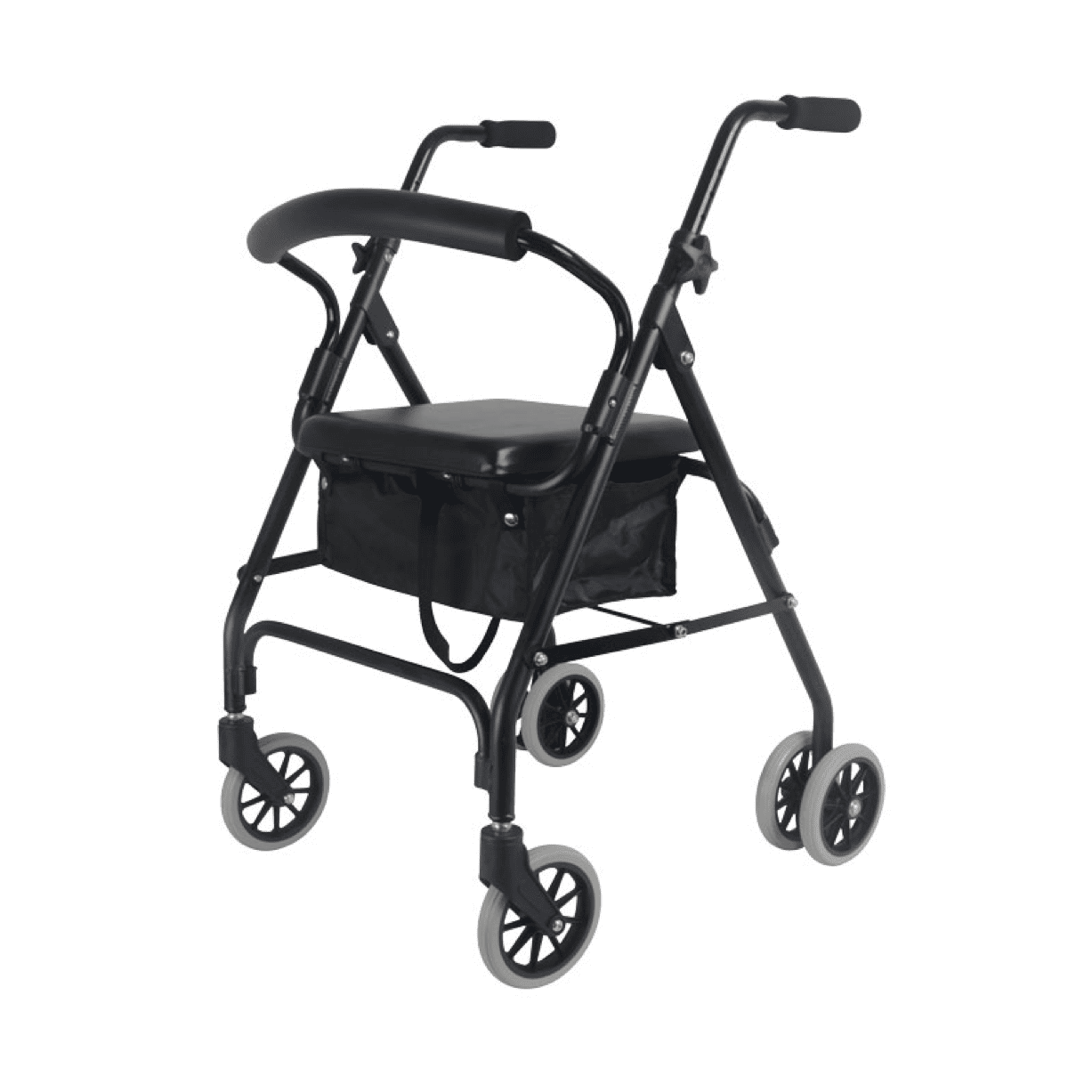 Andador negro con 6 ruedas, asiento, freno a presión y respaldo