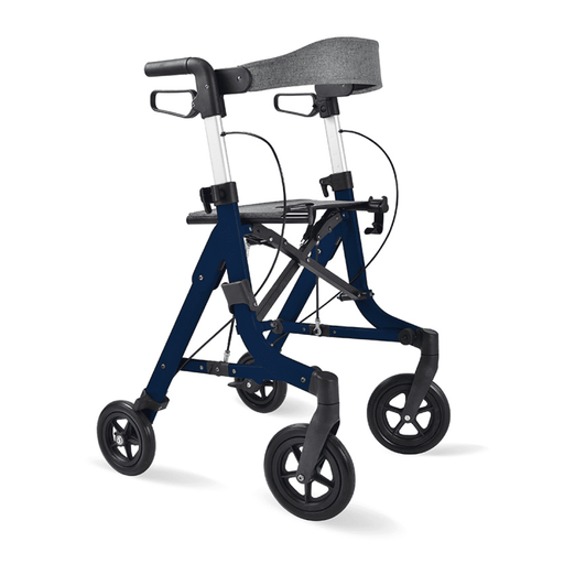 Andador plegable Premium compacto azul con soporte de bastón, asiento y frenos