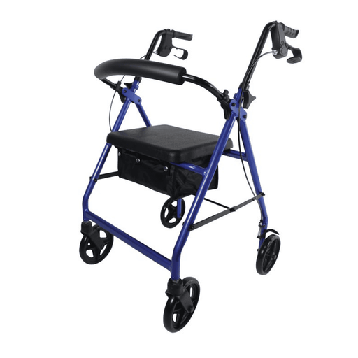 Rollator azul de 4 ruedas con asiento de PU y respaldo plegable y extraible
