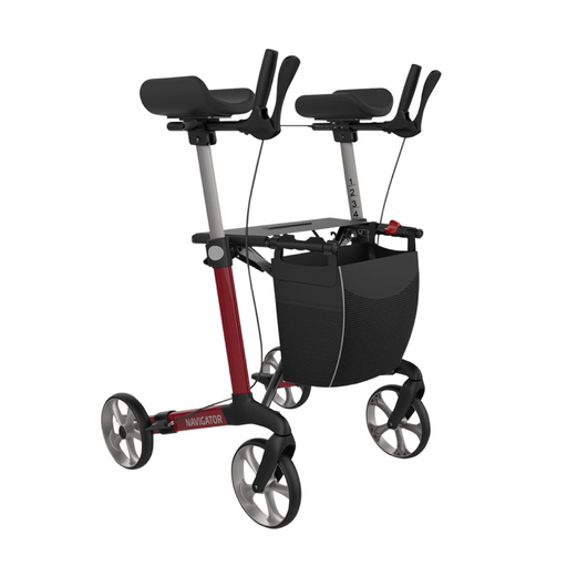 Rollator rojo Navigator con ruedas de aluminio plegable para apoyar los antebrazos