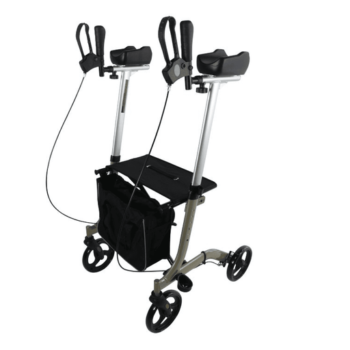 Andador con asiento, bolsa y frenos ideal para apoyo de antebrazos