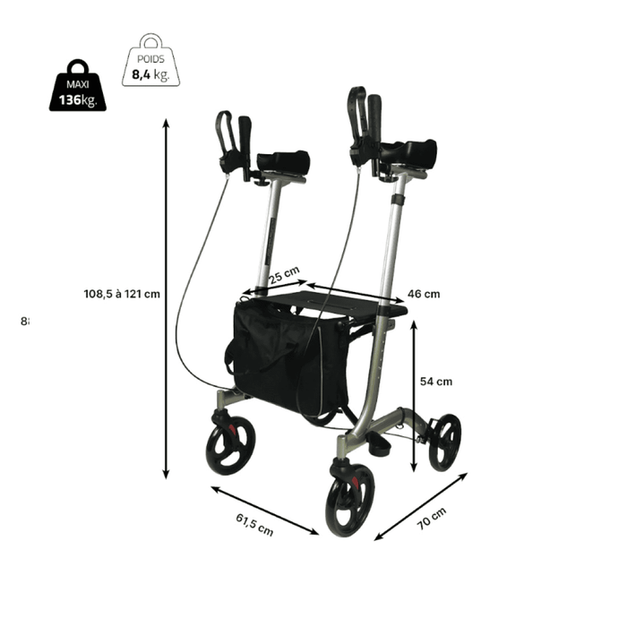 Andador con asiento, bolsa y frenos ideal para apoyo de antebrazos