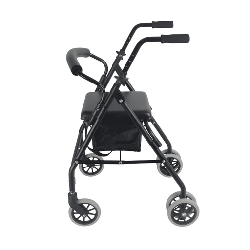 Andador negro con 6 ruedas, asiento, freno a presión y respaldo