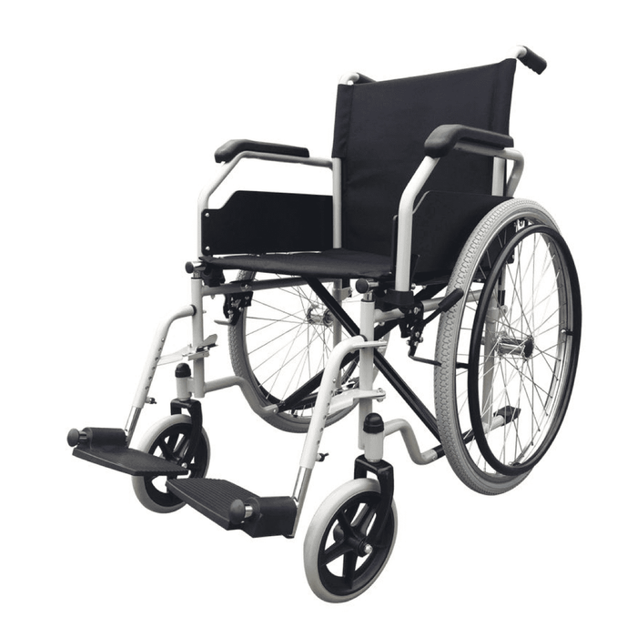 Silla de ruedas robusta y económica con reposabrazos y reposapiés