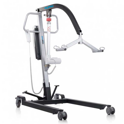 Grúa eléctrica de traslado con arnés, mostrando su diseño compacto y su fácil manejo.