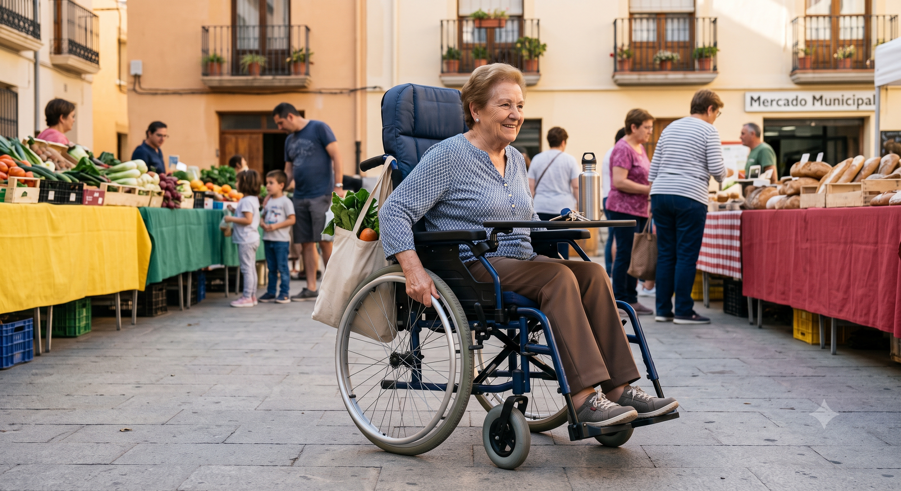 Persona mayor con movilidad reducida usando una silla de ruedas cómoda en un entorno cotidiano