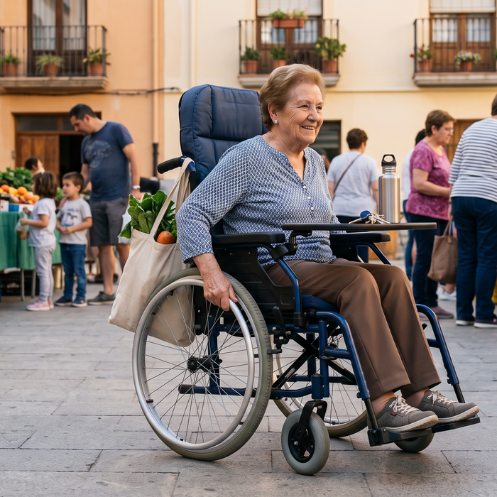 Persona mayor con movilidad reducida usando una silla de ruedas cómoda en un entorno cotidiano