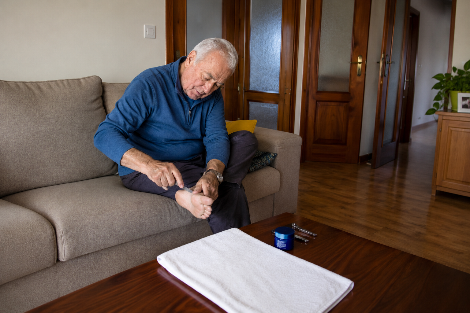 Persona mayor realizando una rutina de cuidado de pies como parte de la prevención y el bienestar diario.