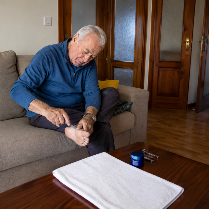 Persona mayor realizando una rutina de cuidado de pies como parte de la prevención y el bienestar diario.