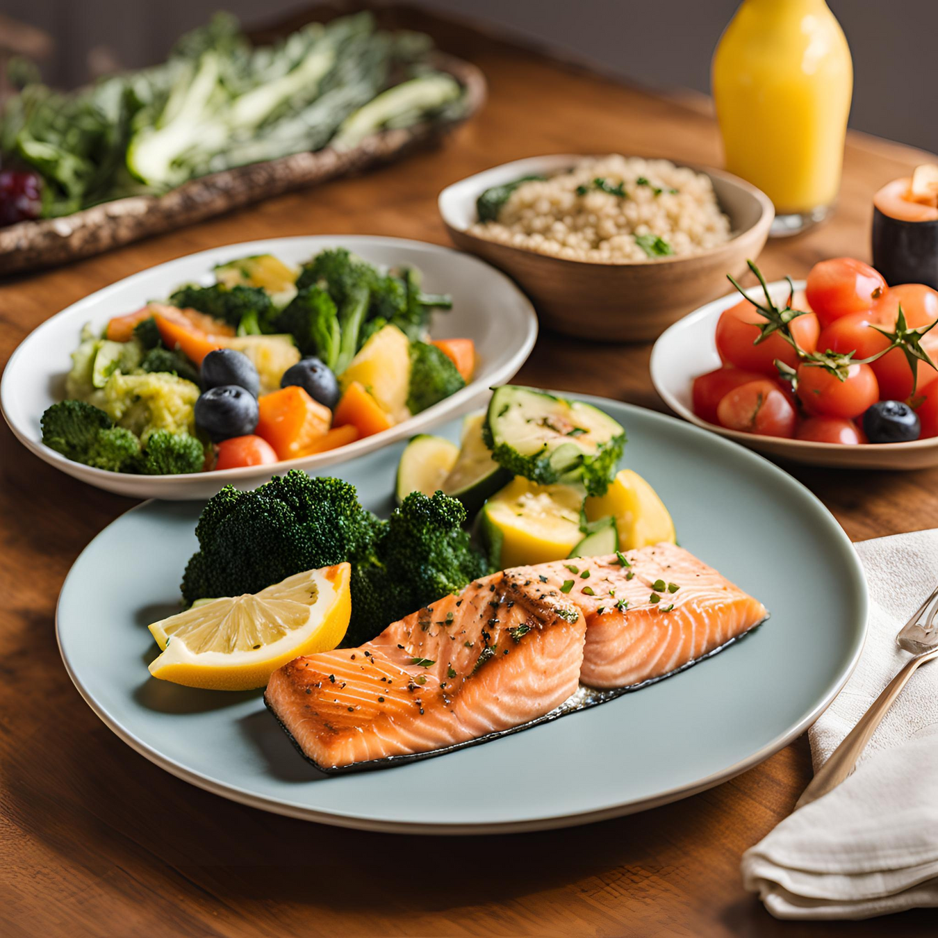 Plato de comida nutritiva con salmón y verduras