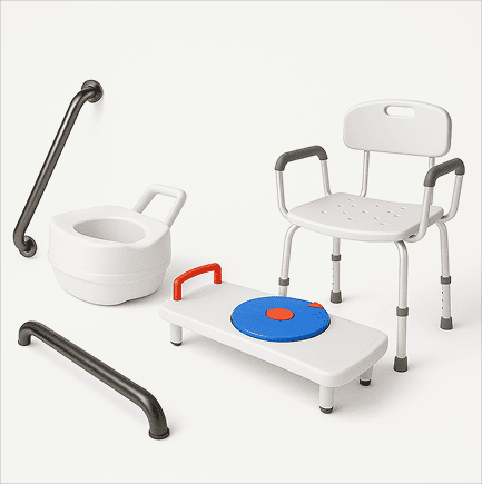 Baño adaptado para adultos mayores, equipado con barandas de apoyo y dispositivos de seguridad para facilitar el uso y garantizar la comodidad y la seguridad