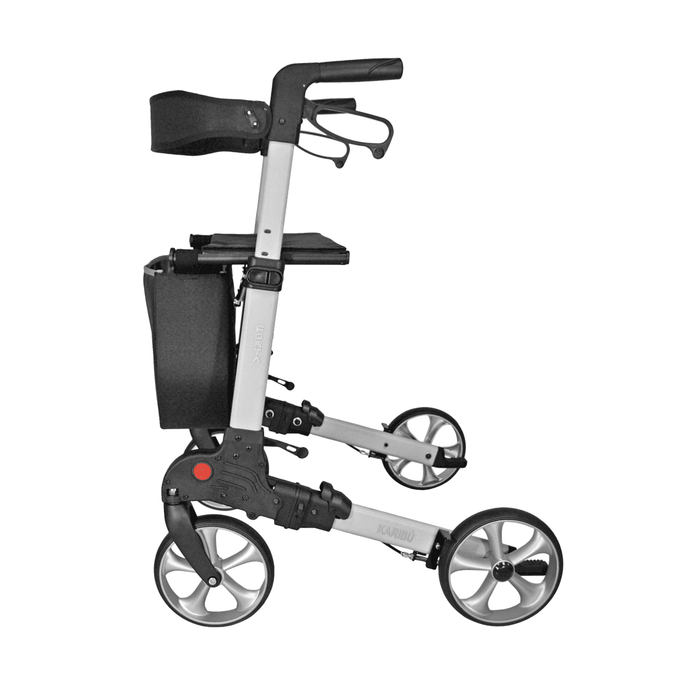 Rollator super plegable con respaldo acolchado, asiento de tela y cesta