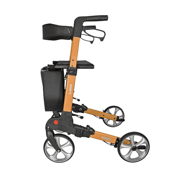 Rollator super plegable con respaldo acolchado, asiento de tela y cesta