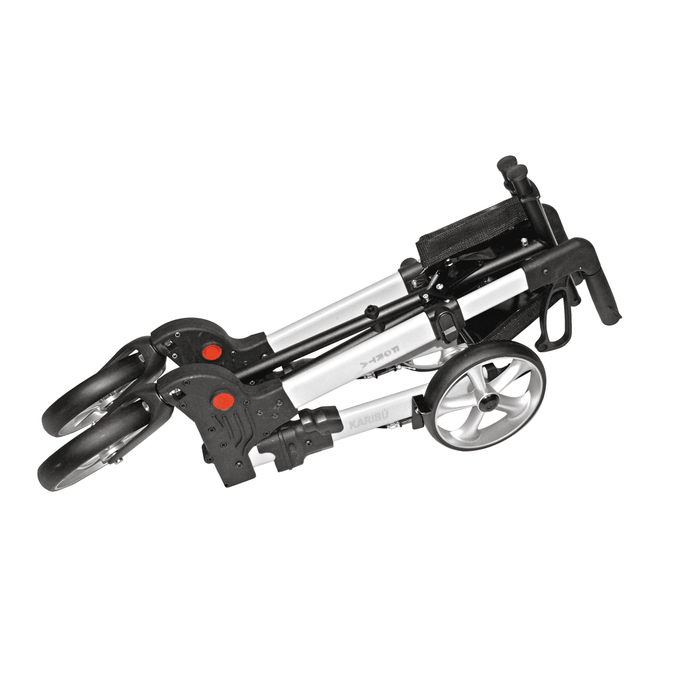 Rollator super plegable con respaldo acolchado, asiento de tela y cesta