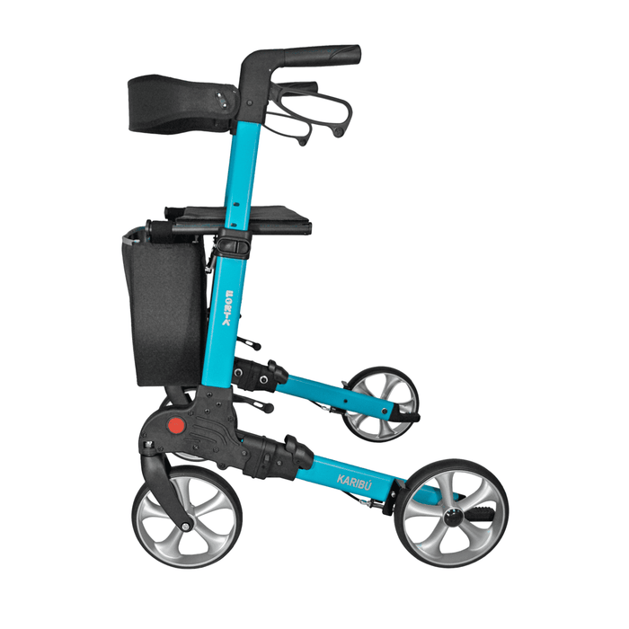 Rollator super plegable con respaldo acolchado, asiento de tela y cesta
