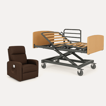 Cama adaptada en el dormitorio de una casa, diseñada para ofrecer comodidad y accesibilidad a adultos mayores y personas con movilidad reducida