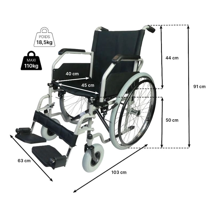 Silla de ruedas robusta y económica con reposabrazos y reposapiés
