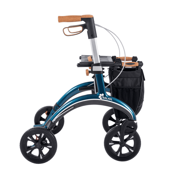 Rollator de Carbono Saljol Ultraligero – Andador Premium con Frenos Ajustables, Ruedas de 25 cm, Bolsa Extraíble y Reflectores – Tallas M y L – Hasta 150 kg