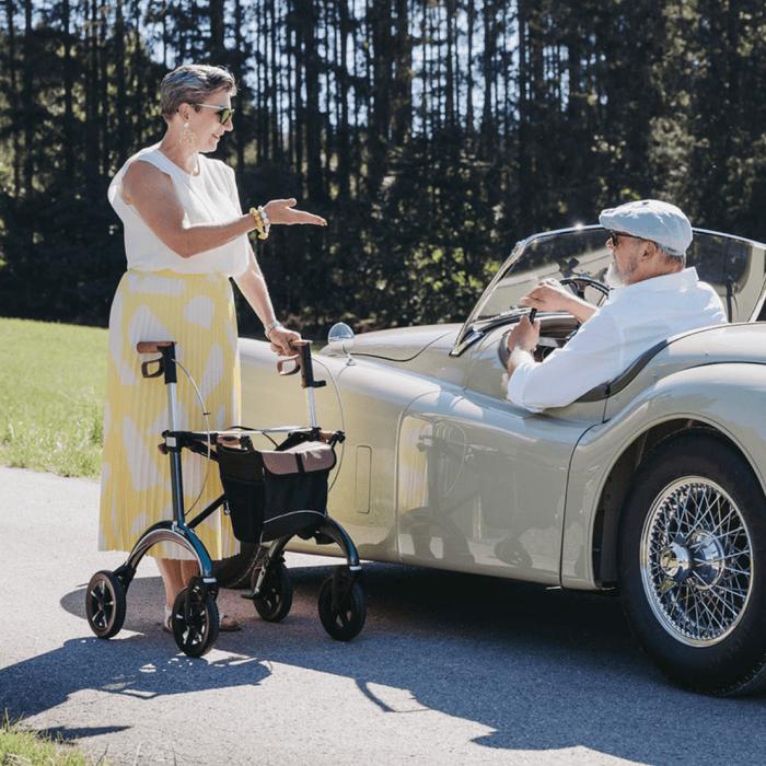 Rollator de Carbono Saljol Ultraligero – Andador Premium con Frenos Ajustables, Ruedas de 25 cm, Bolsa Extraíble y Reflectores – Tallas M y L – Hasta 150 kg