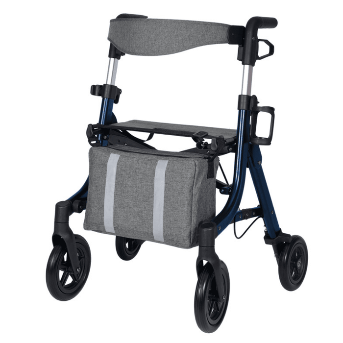 Andador plegable Premium compacto azul con soporte de bastón, asiento y frenos