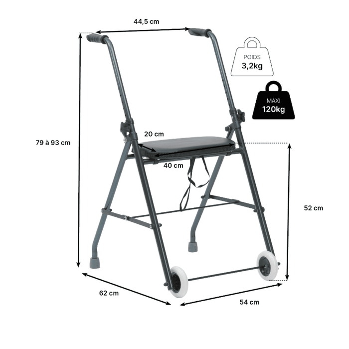 Andador de 2 ruedas económico de aluminio superligero plegable con asiento