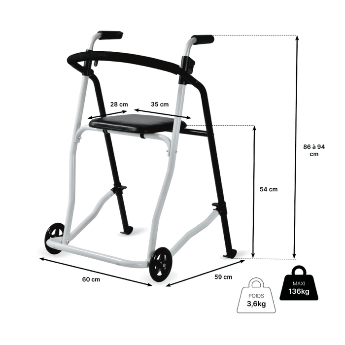 Andador de 2 ruedas Evolution ultraligero de 3,6kg con asiento
