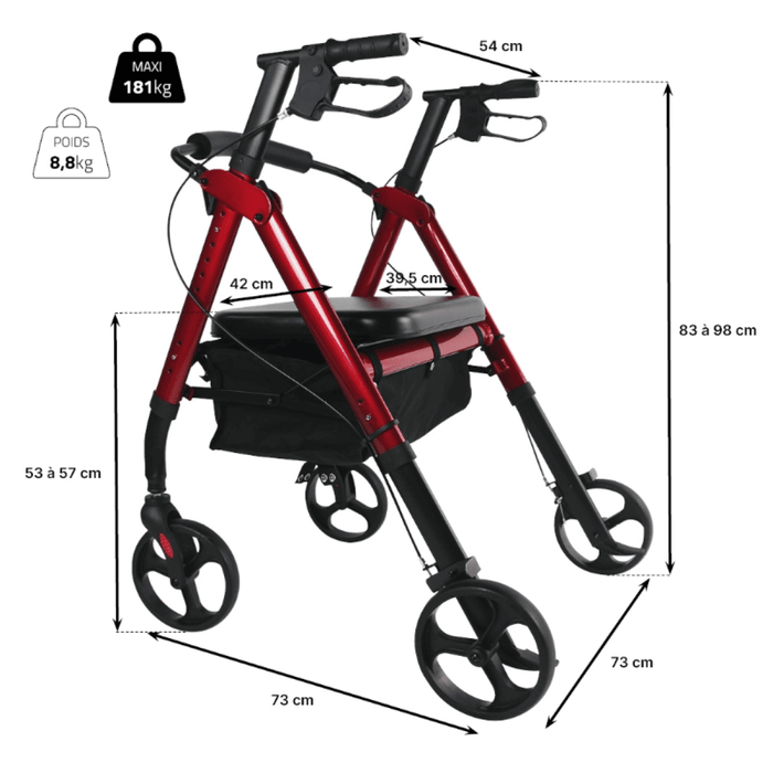 Andador bariátrico Neo XL de frenos de pastilla con ruedas grandes y asiento