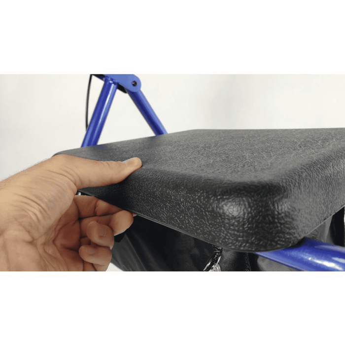 Rollator azul de 4 ruedas con asiento de PU y respaldo plegable y extraible