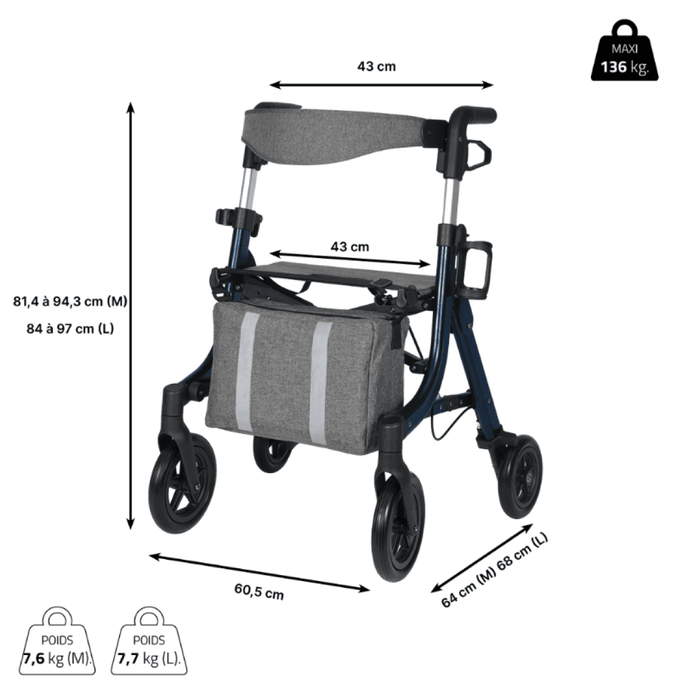 Andador plegable Premium compacto azul con soporte de bastón, asiento y frenos