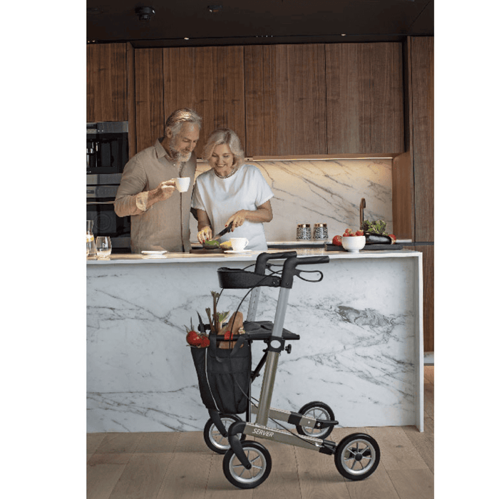 Rollator de gama alta ultraligero plegado bloqueable de aluminio con pisadores para subir bordillos
