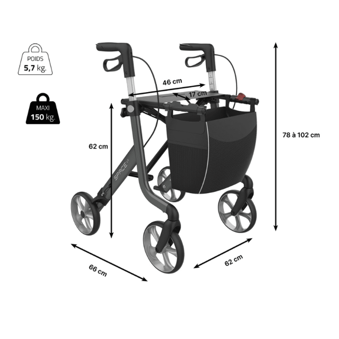 Rollator Space fuerte y ligero que soporta hasta 150kg con ruedas antideslizantes