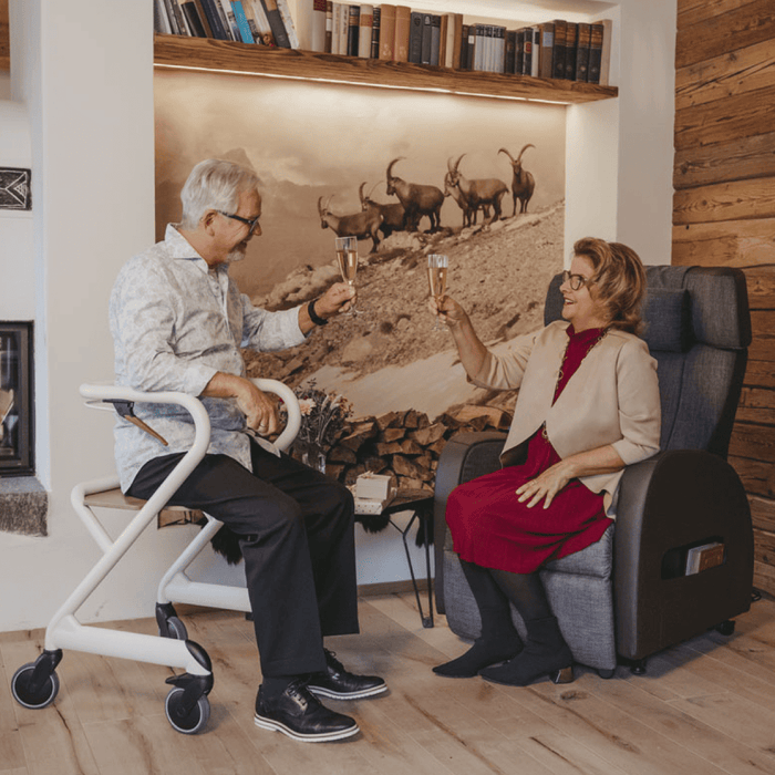 Andador de interior ultra estable con apoyo para el baño y freno de barra con asiento
