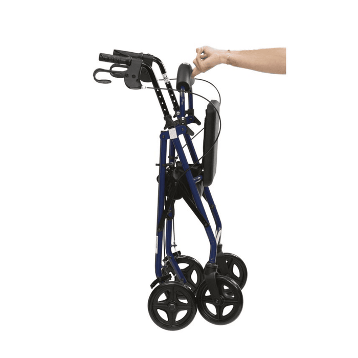 Rollator azul de 4 ruedas con asiento de PU y respaldo plegable y extraible