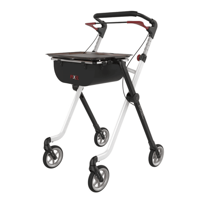 Rollator con bandeja para interior con freno de barra y sistema de plegado