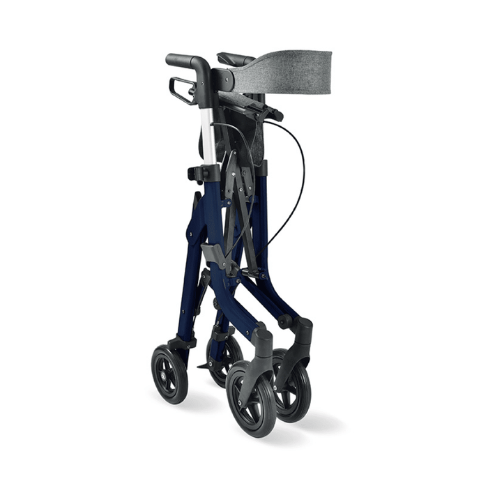 Andador plegable Premium compacto azul con soporte de bastón, asiento y frenos