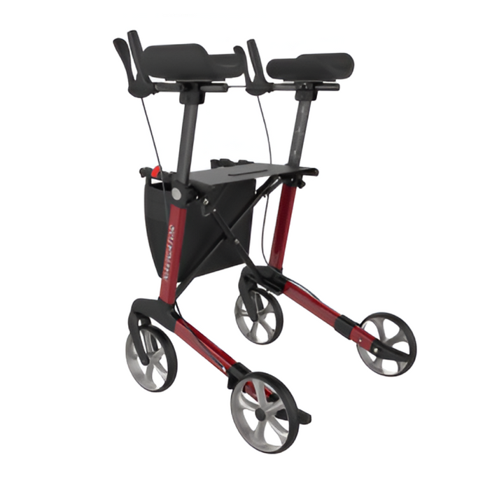 Rollator rojo Navigator con ruedas de aluminio plegable para apoyar los antebrazos