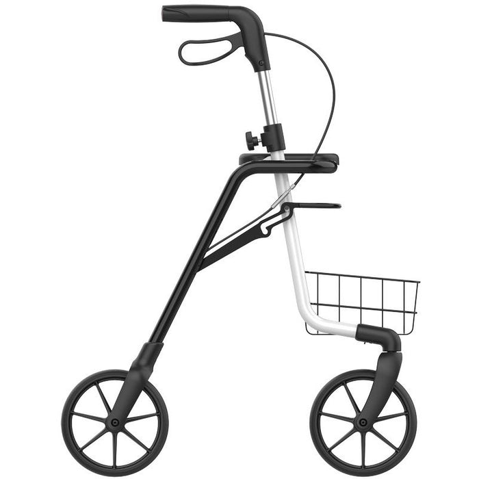 Andador con cuatro ruedas de acero con cesta y asiento y frenos de mano