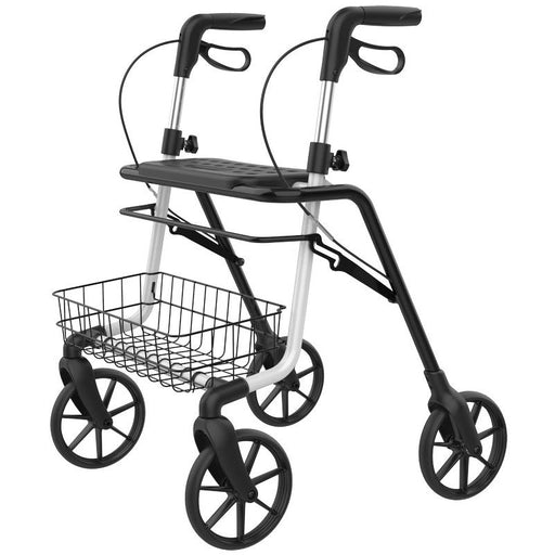 Andador con cuatro ruedas de acero con cesta y asiento y frenos de mano