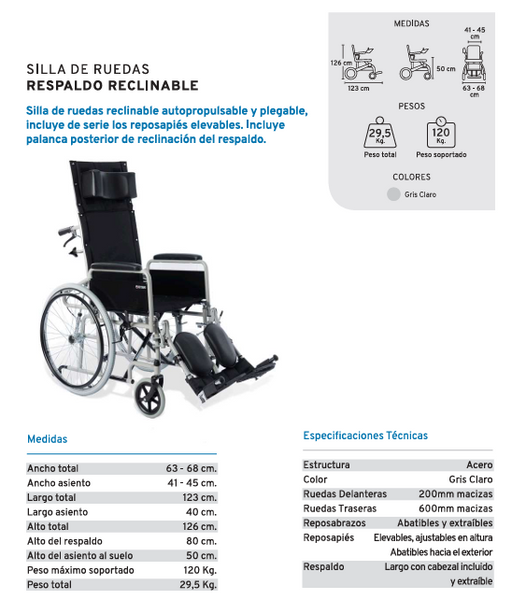 Silla de ruedas para personas mayores, especial para recuperación tras ictus, color gris claro, con respaldo reclinable y reposapiés elevables